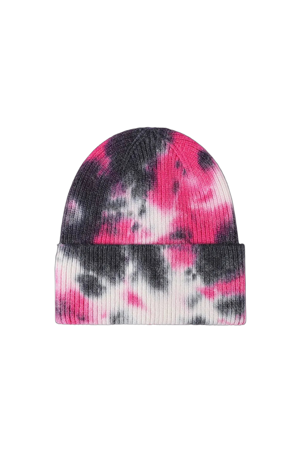 Rib-knit cuffed beanie with pink, black and white tie-dye pattern