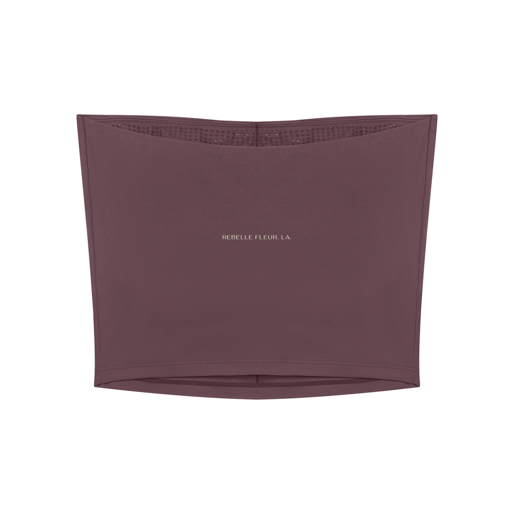 Rose-red cropped tube top with printed 'REBELLE FLEUR, LA.' logo and perforated inner band