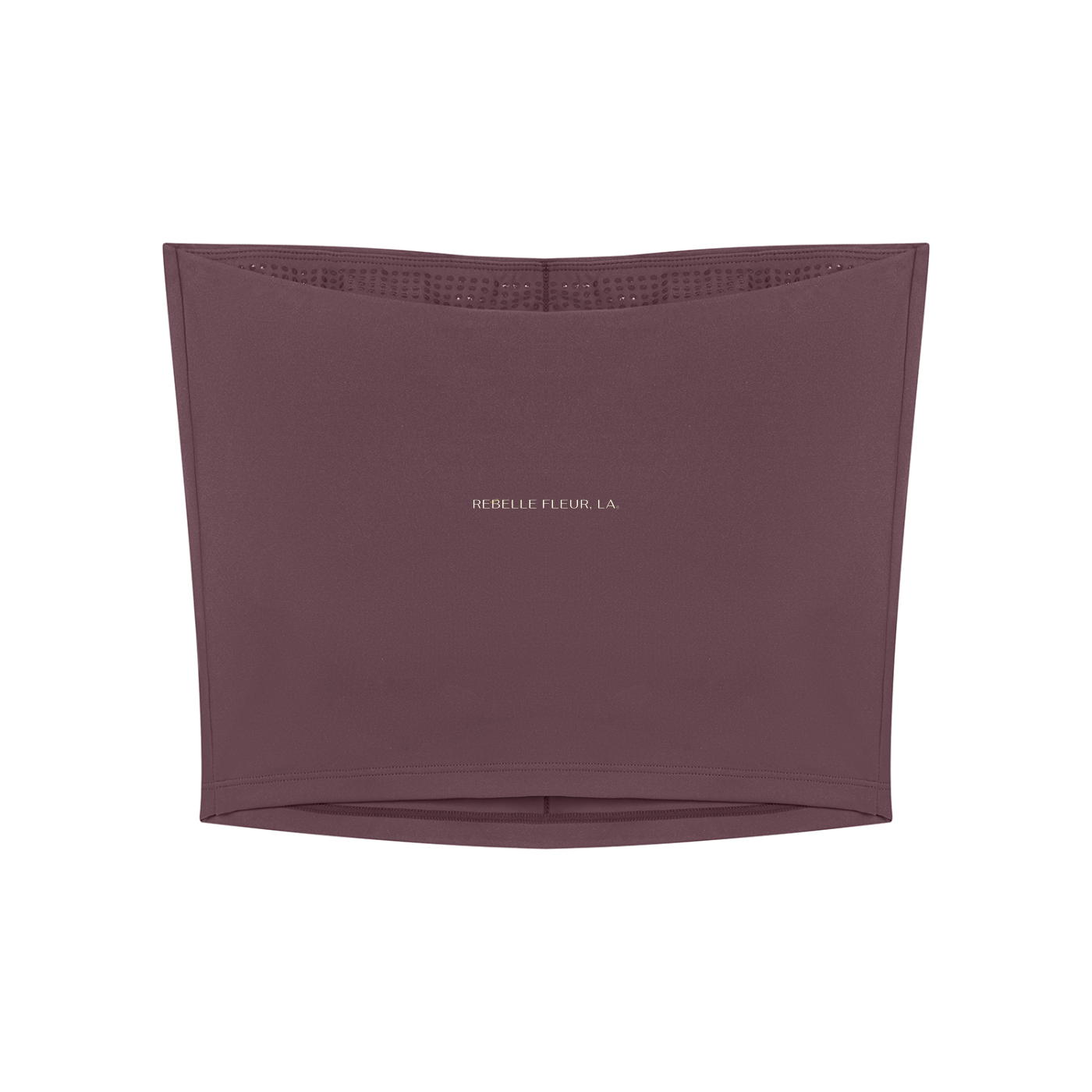 Rose-red cropped tube top with printed 'REBELLE FLEUR, LA.' logo and perforated inner band