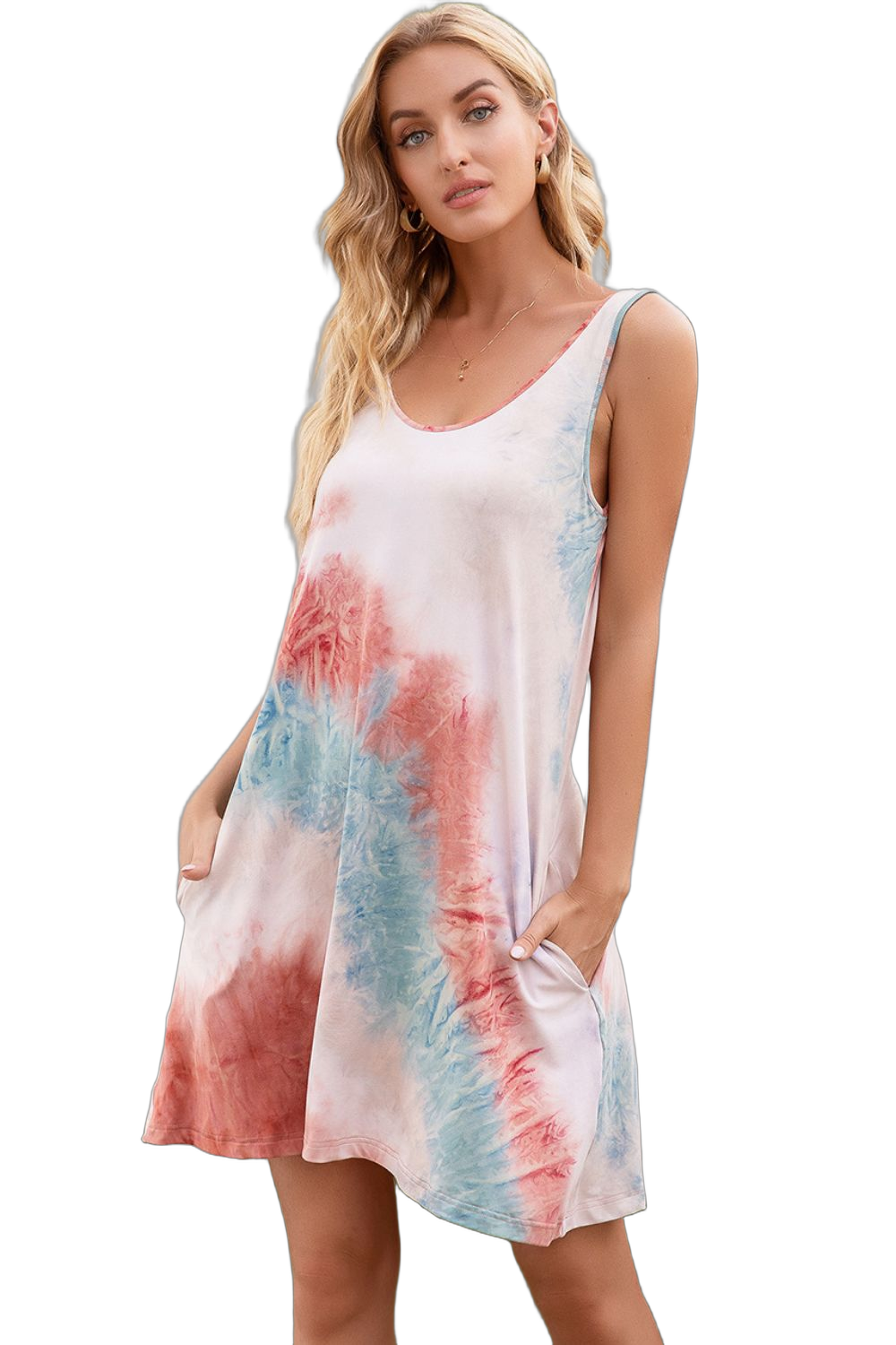 Woman wearing sleeveless round-neck tie-dye mini dress with red and blue patterns, hands in side pockets