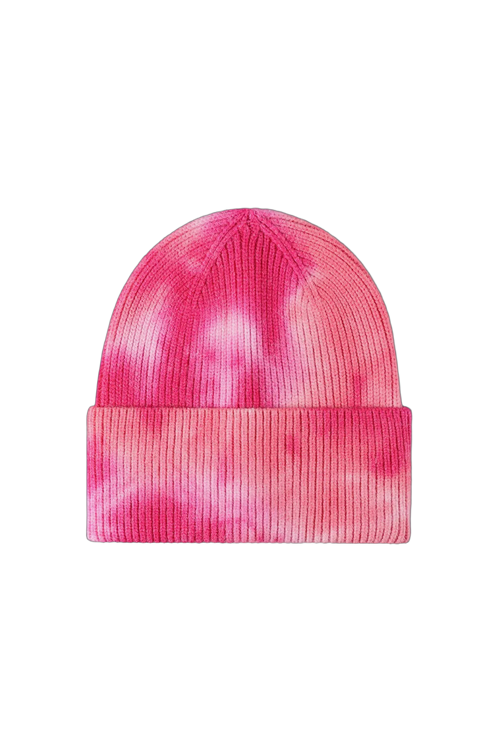 Rib-knit cuffed beanie with pink and magenta tie-dye pattern on black background