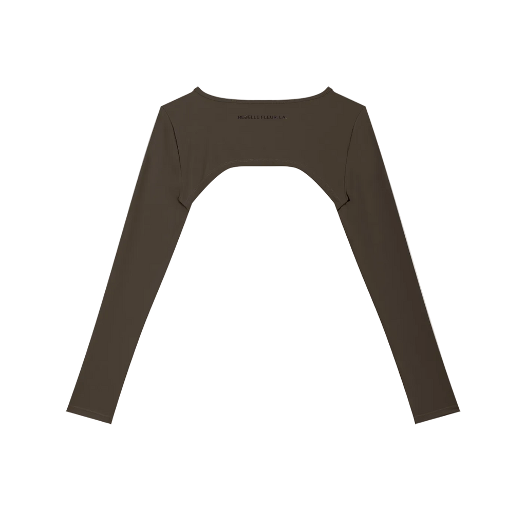 Brown cropped long-sleeve shrug with arched back cutout and 'REBELLE FLEUR, L.A.' printed at upper back