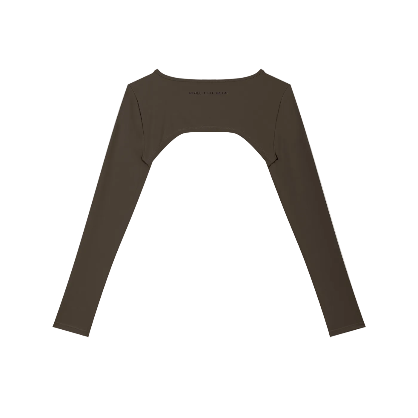 Brown cropped long-sleeve shrug with arched back cutout and 'REBELLE FLEUR, L.A.' printed at upper back