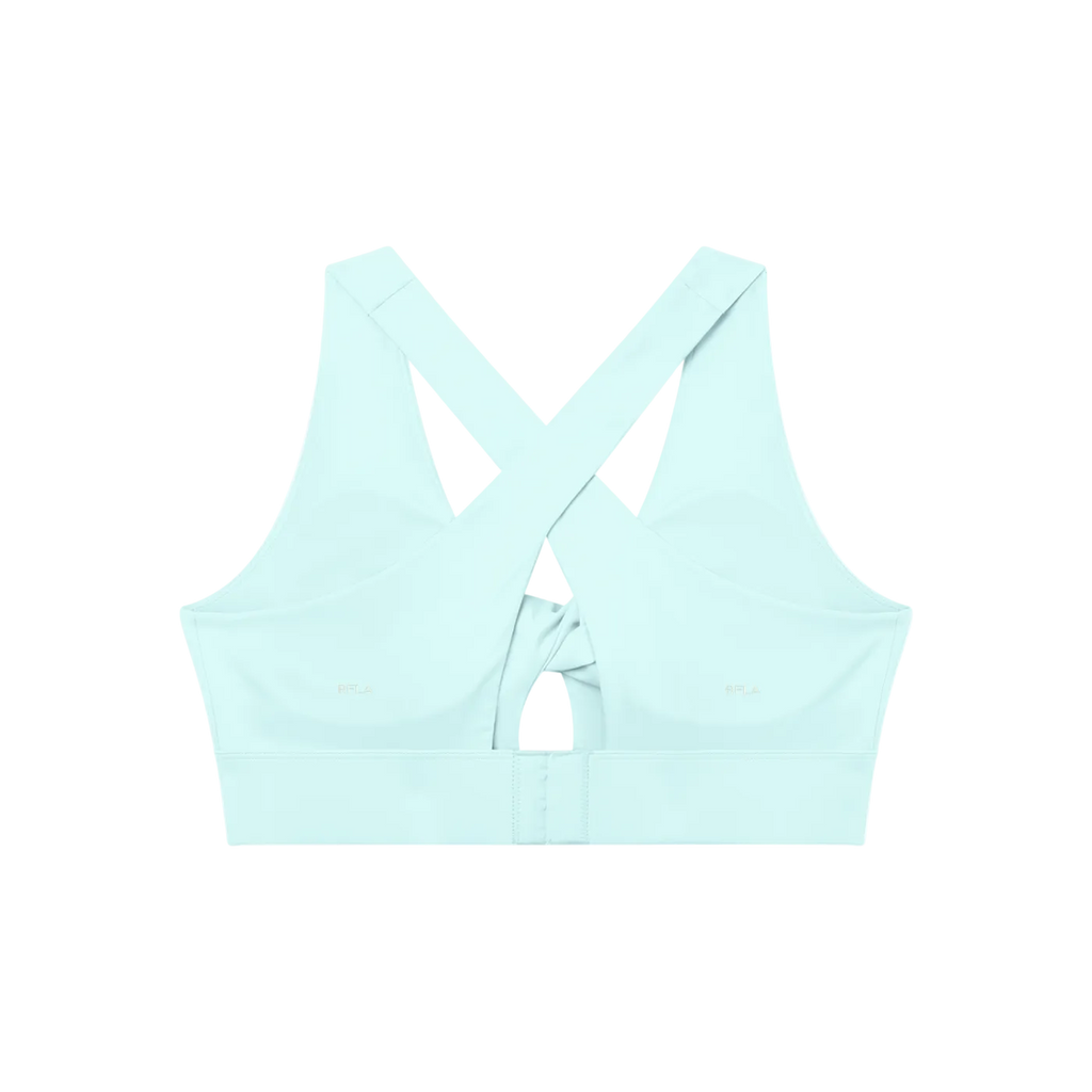 Sports bra back with crossed wide straps, twist detail at center, and rear hook-and-eye closure