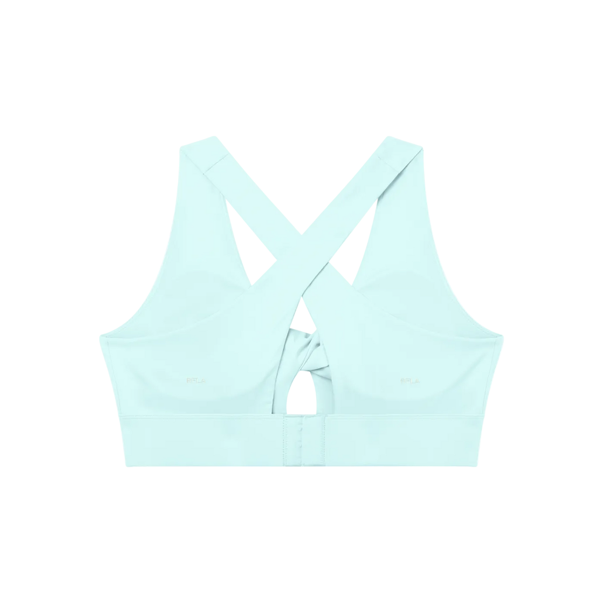 Sports bra back with crossed wide straps, twist detail at center, and rear hook-and-eye closure