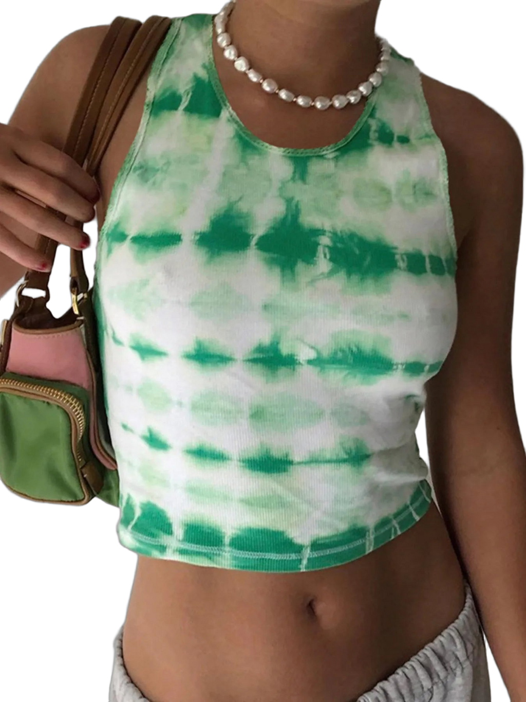 Green-and-white tie-dye ribbed tank top with pearl choker, shoulder bag strap and exposed midriff