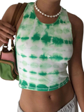 Green-and-white tie-dye ribbed tank top with pearl choker, shoulder bag strap and exposed midriff