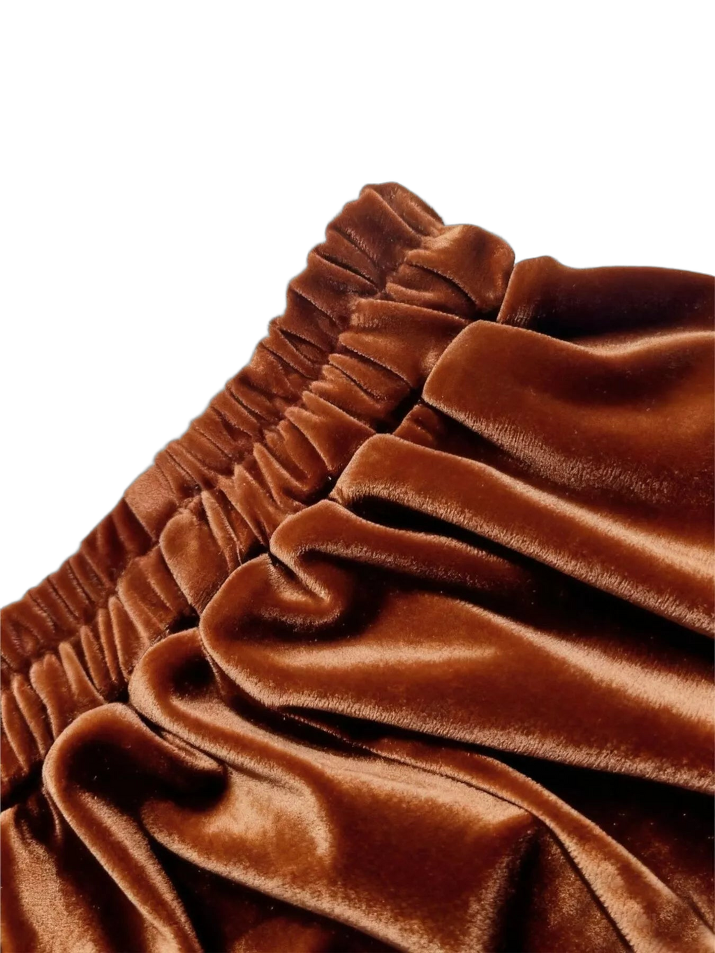 Close-up of ruffled velvet with gathered elastic waistband and soft pile texture