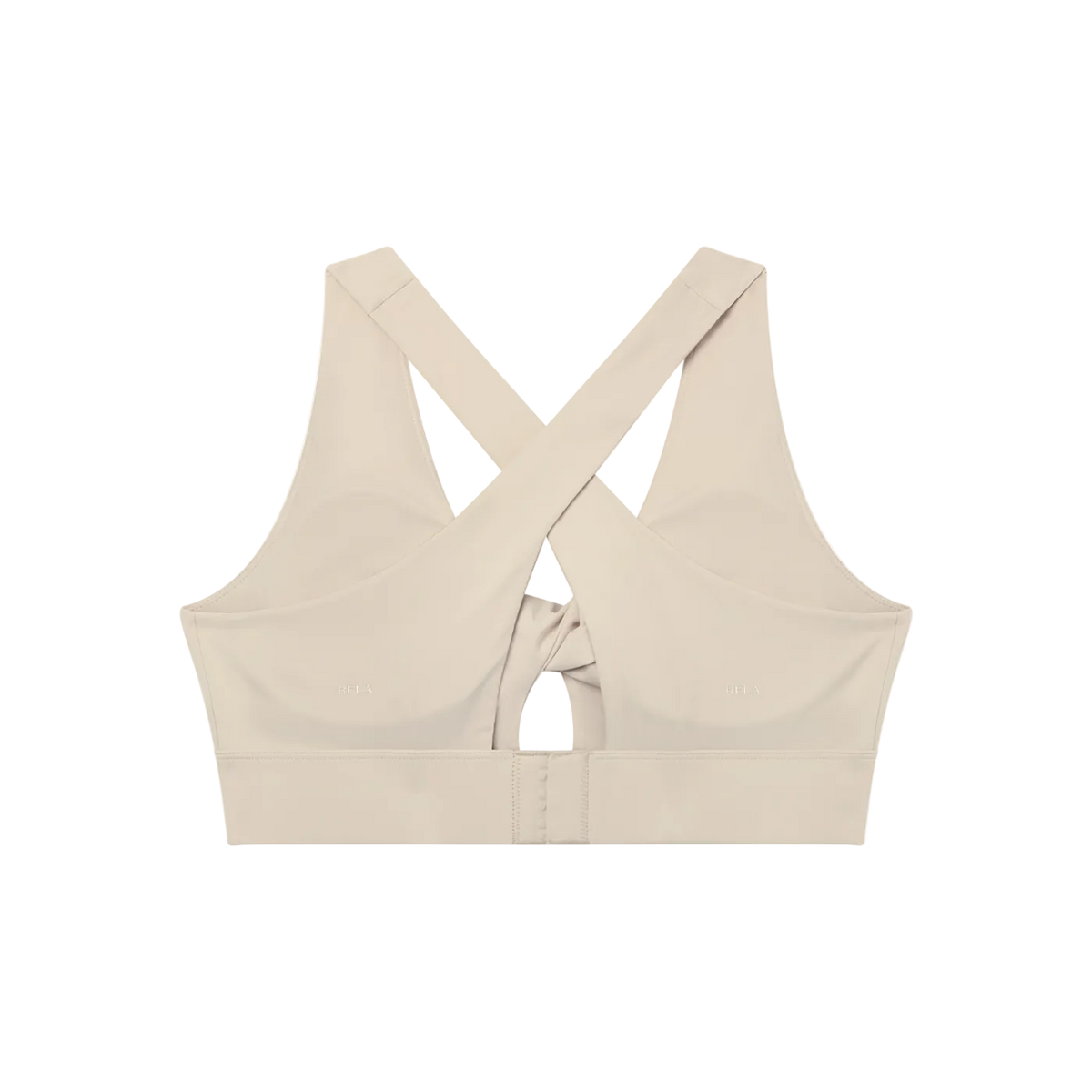 Back view of a sports bra with wide crisscross straps, central twist detail and hook-and-eye closure band