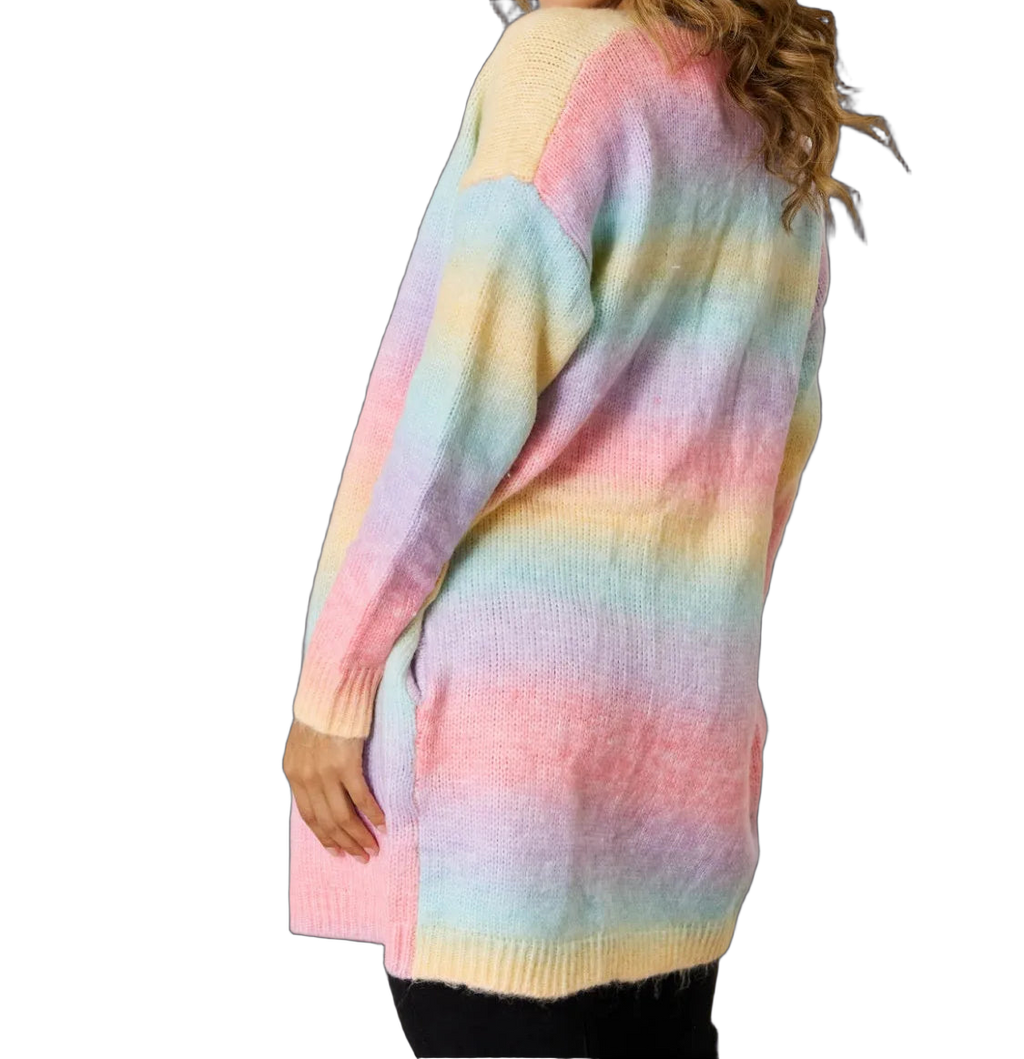 Back view of long open-front cardigan with pastel rainbow gradient stripes, side pocket, ribbed cuffs and hem