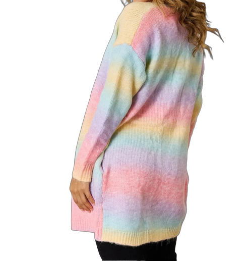Back view of long open-front cardigan with pastel rainbow gradient stripes, side pocket, ribbed cuffs and hem