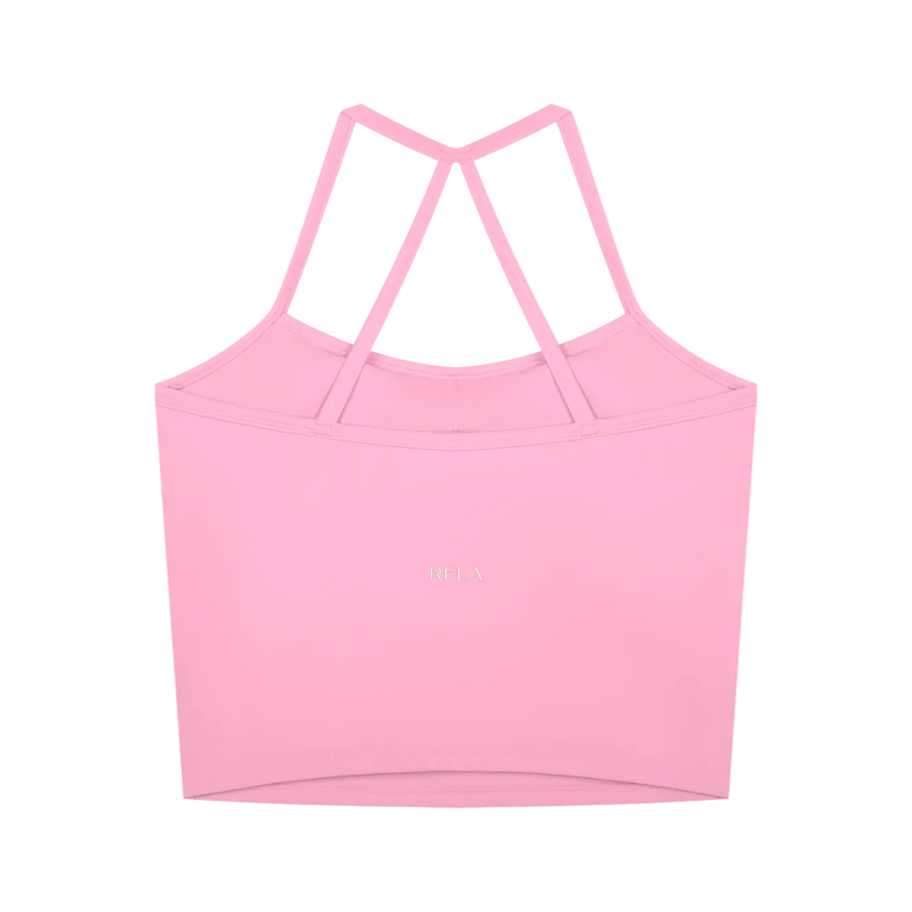 Pink crop tank top with thin double crisscross back straps and small centered RFLA logo
