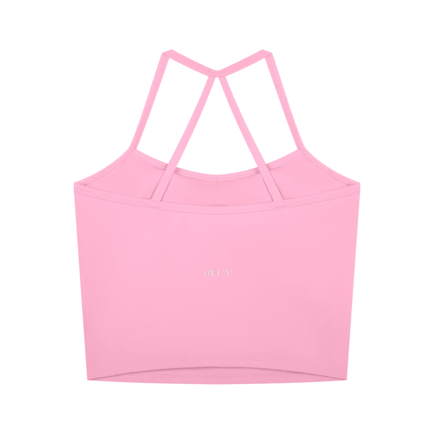 Pink crop tank top with thin double crisscross back straps and small centered RFLA logo