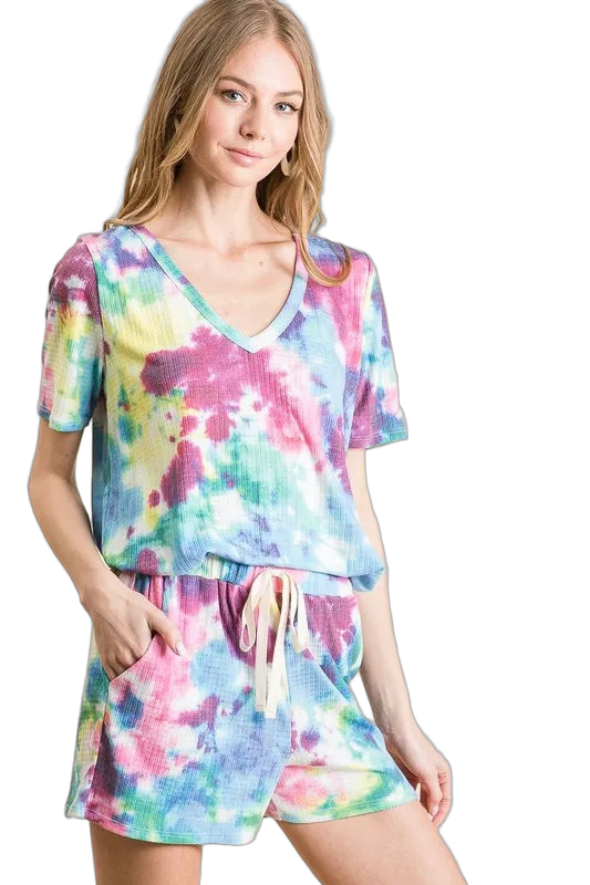 Pastel multicolor tie-dye ribbed shorts with drawstring waist and side pockets