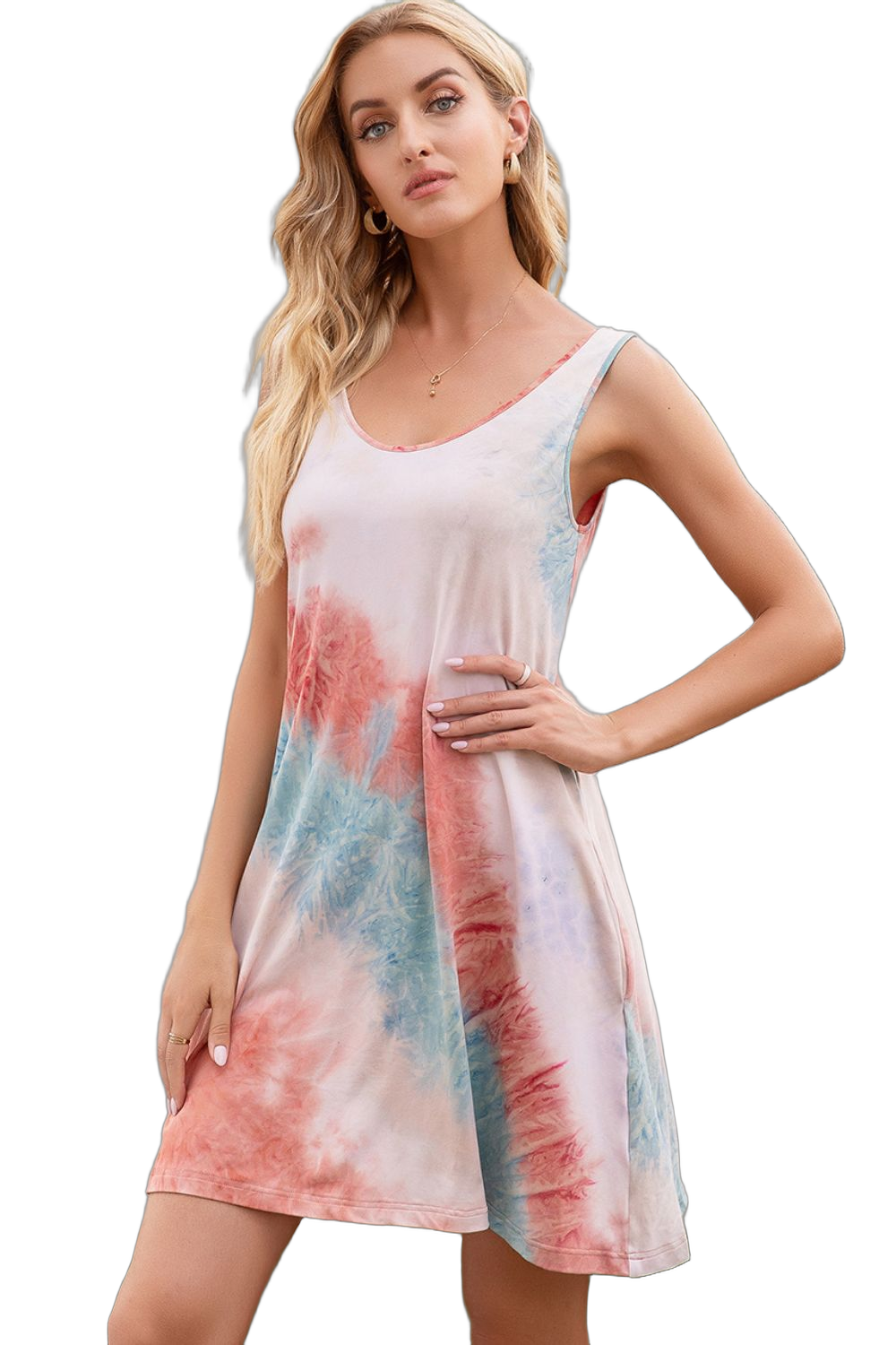 Sleeveless tie-dye mini dress with scoop neckline and side pocket, pastel pink and blue pattern on model.