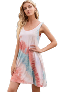 Sleeveless tie-dye mini dress with scoop neckline and side pocket, pastel pink and blue pattern on model.