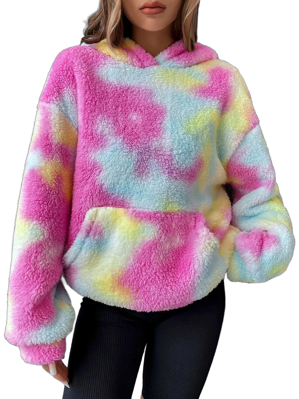 Model wearing plush pink, pastel blue and yellow tie-dye hooded sweatshirt with kangaroo pocket and drop shoulders
