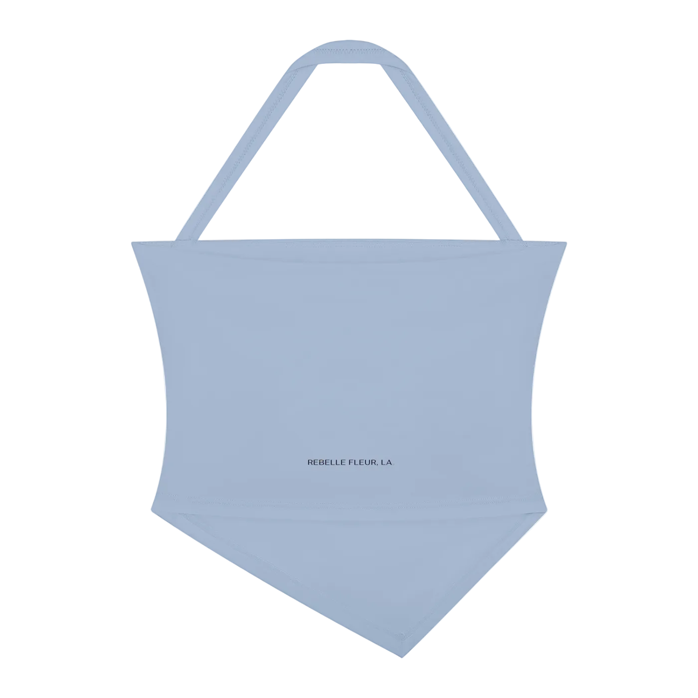 Light blue halter-neck crop tank with pointed triangular hem and small centered 'REBELLE FLEUR, LA' logo.