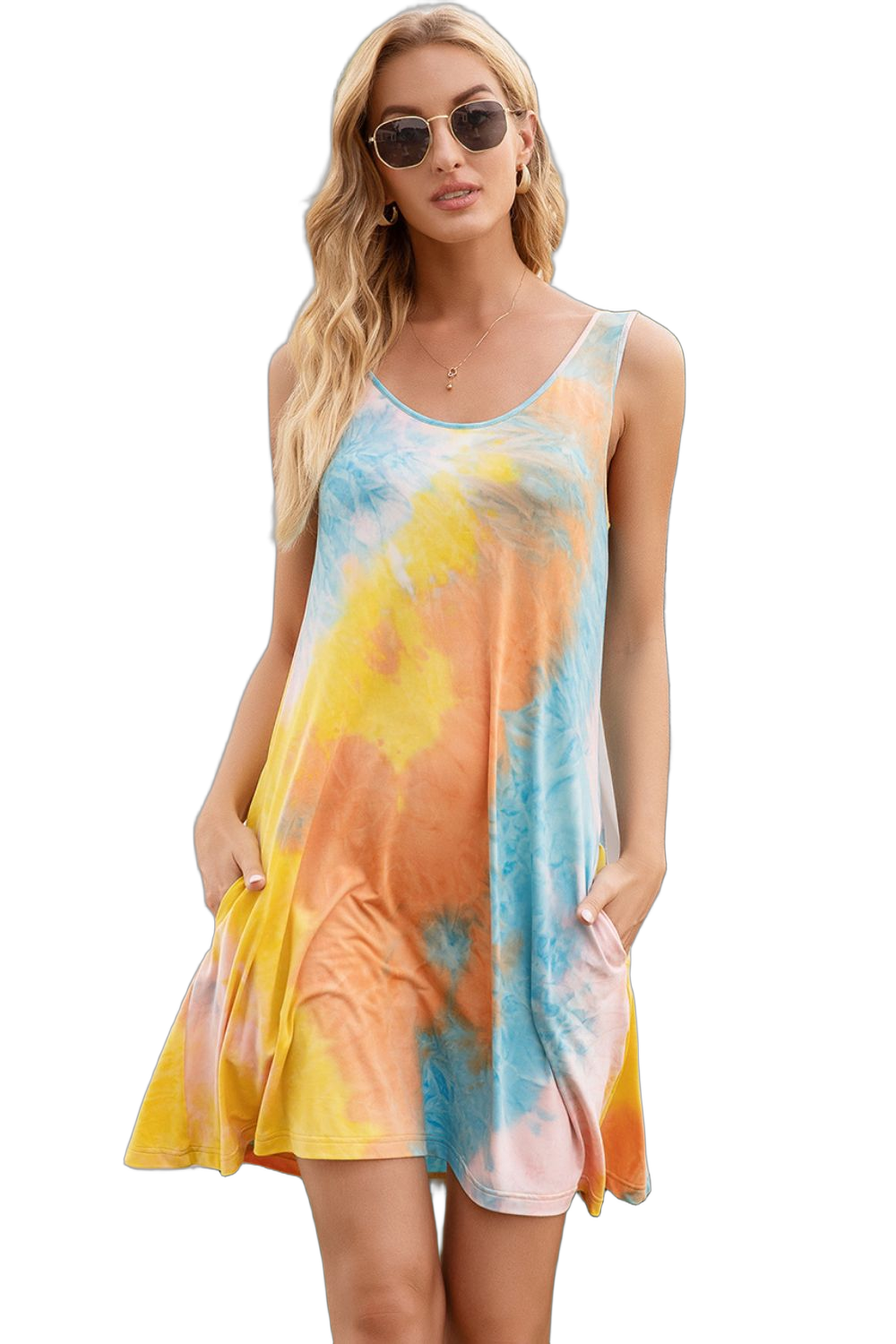 Sleeveless tie-dye mini dress with round neck and side pockets in blue, yellow and orange