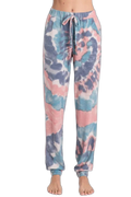 Front view tie-dye French terry jogger pants with drawstring waistband, side pockets and cuffed ankles on bare feet