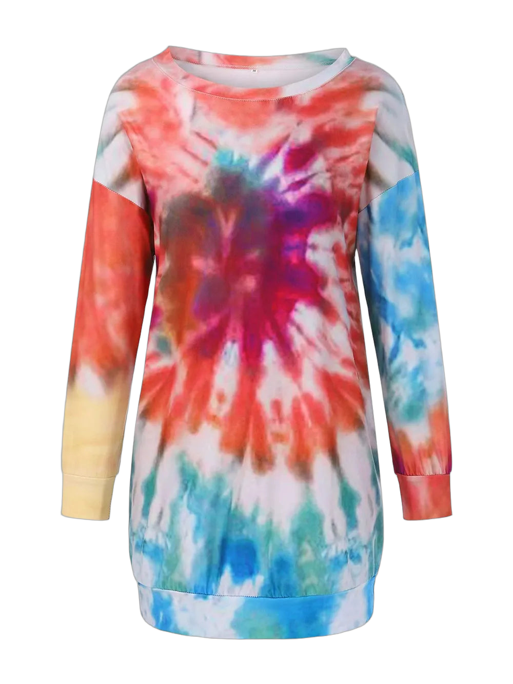 Round-neck long-sleeve tie-dye dress with central radial burst and cuffed sleeves in red, blue, teal, yellow, white