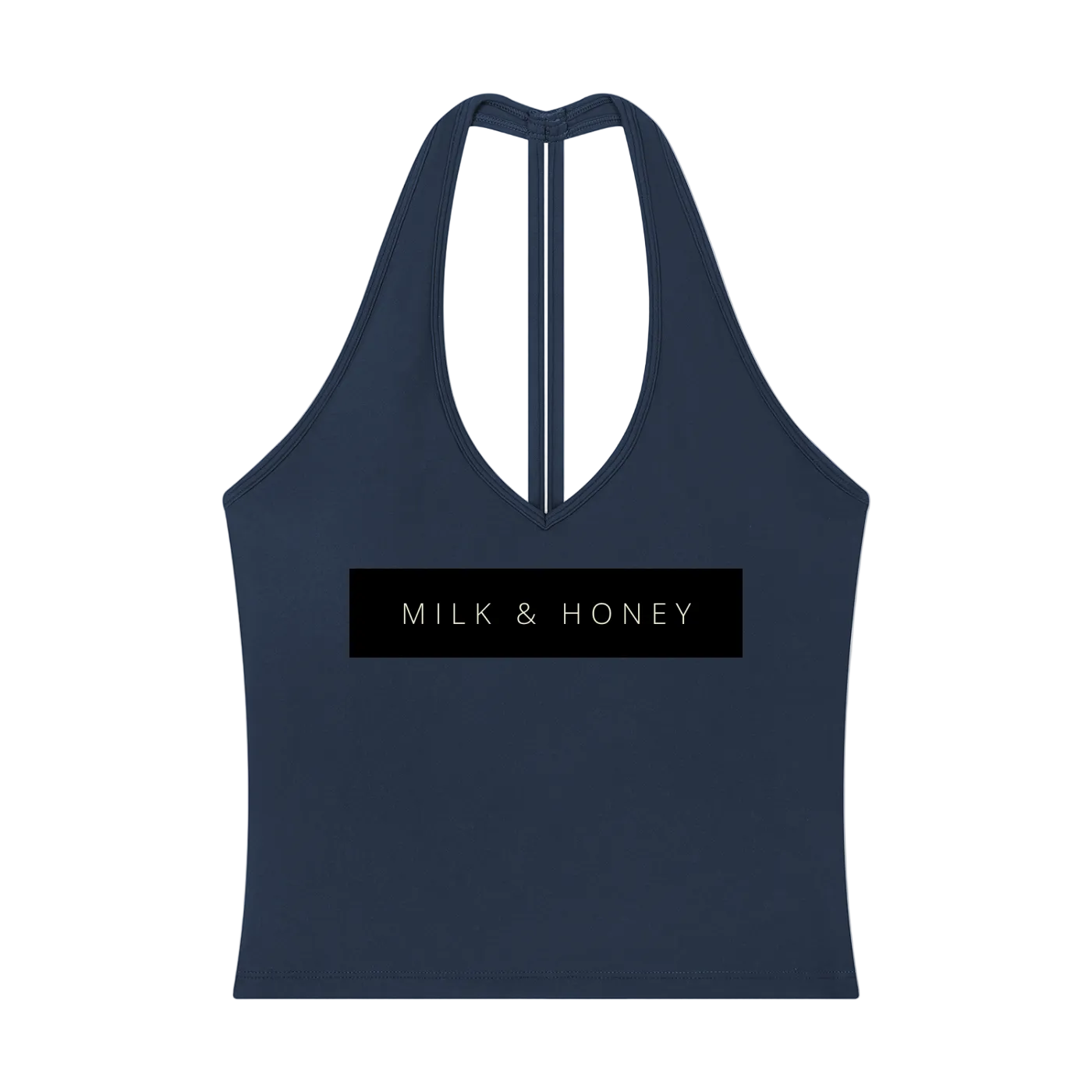 Halter V-neck cropped tank with narrow vertical racerback strap and centered rectangular 'MILK & HONEY' logo