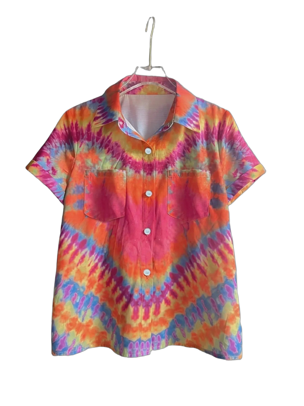 Short-sleeve tie-dye button-up shirt on hanger with collar, white buttons and two chest pockets, vibrant orange-pink-blue…