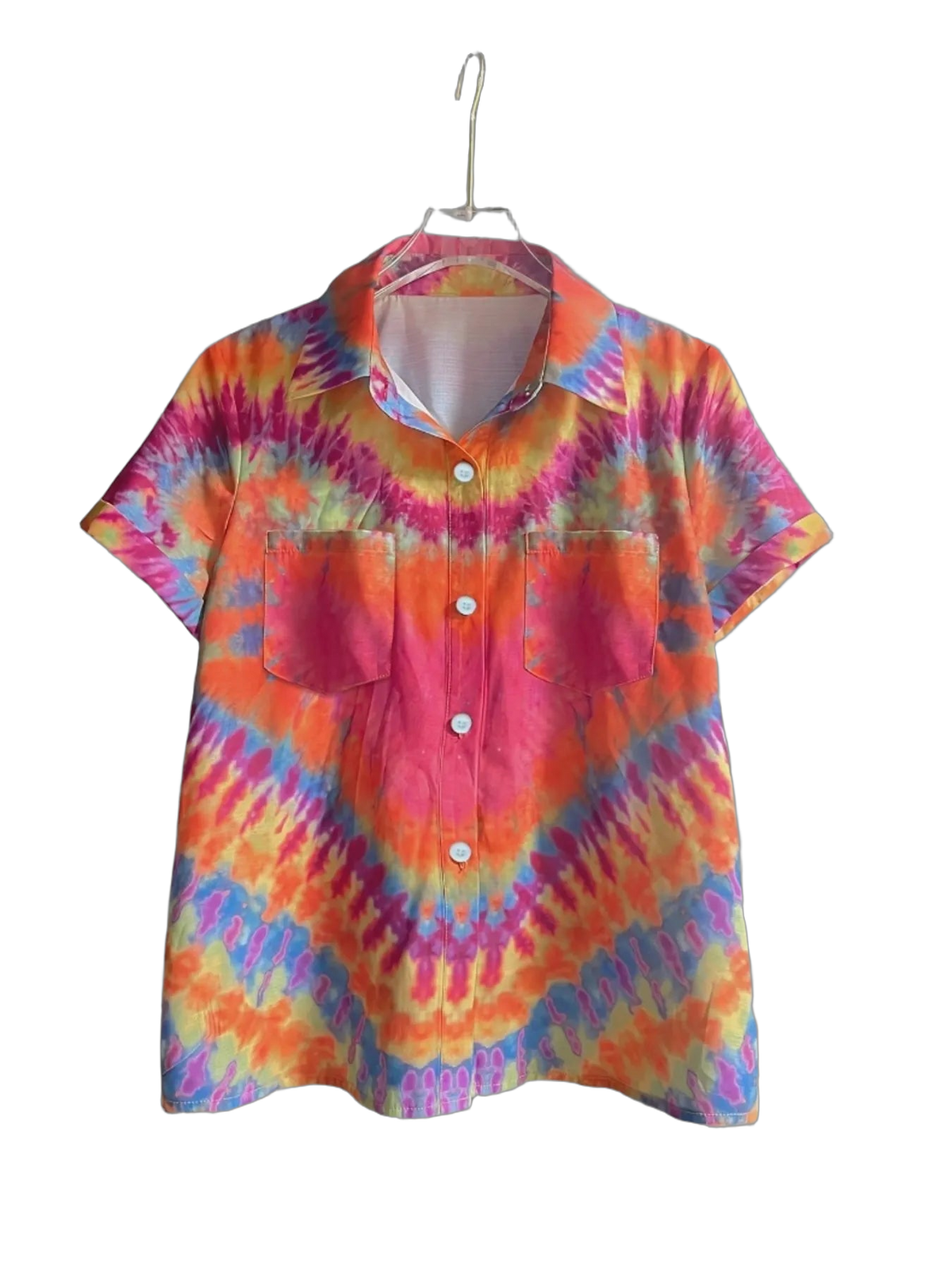 Short-sleeve tie-dye button-up shirt on hanger with collar, white buttons and two chest pockets, vibrant orange-pink-blue…