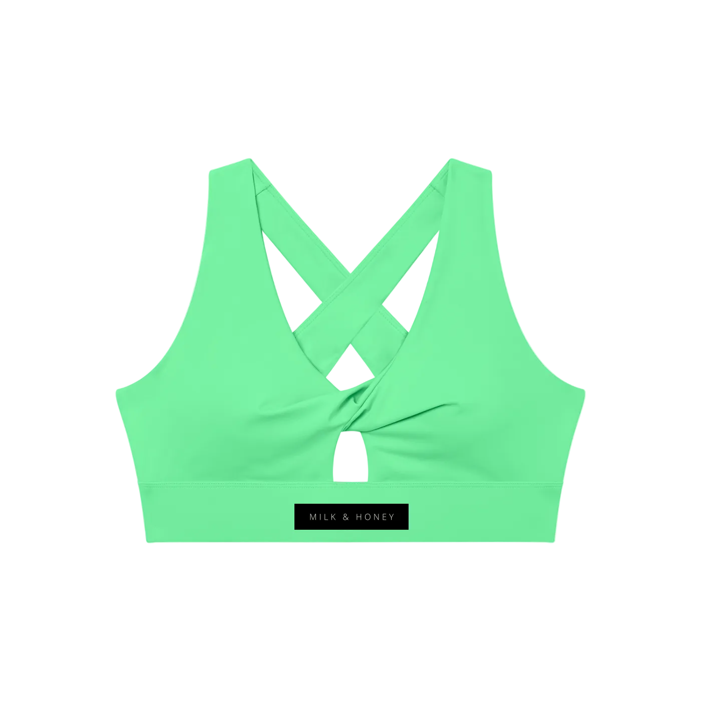 Green twist-front sports bra with crossed back straps, center keyhole and wide underband with MILK & HONEY label.