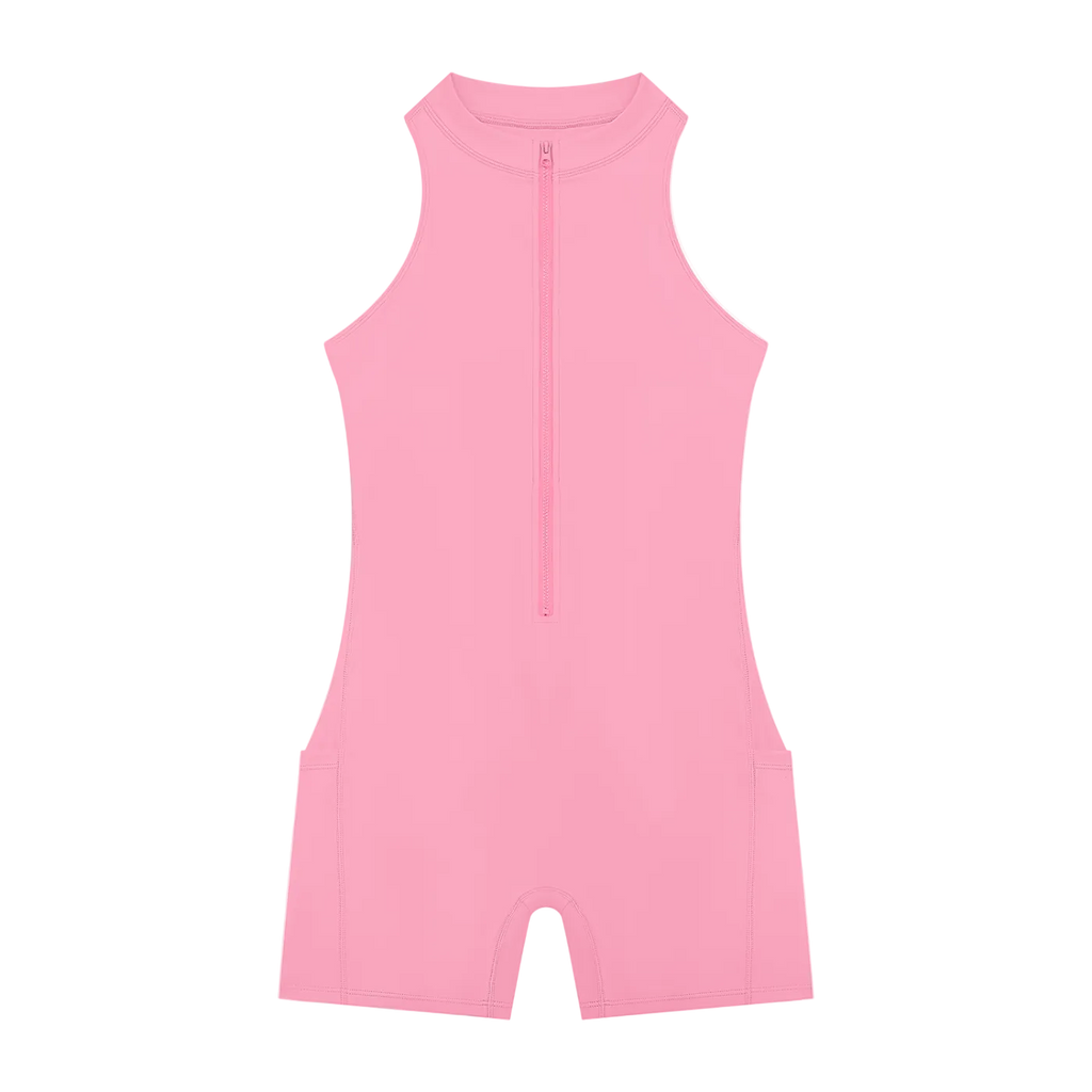 Sleeveless pink quarter-zip romper with high neckline, short legs, front zipper and side pockets