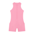 Sleeveless pink quarter-zip romper with high neckline, short legs, front zipper and side pockets