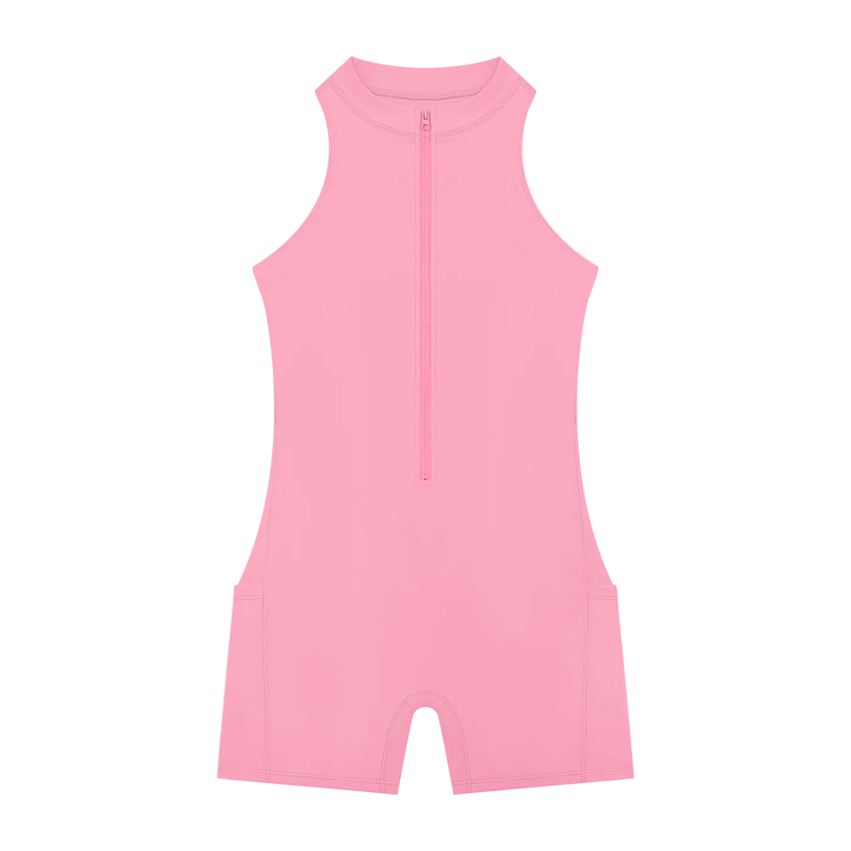 Sleeveless pink quarter-zip romper with high neckline, short legs, front zipper and side pockets