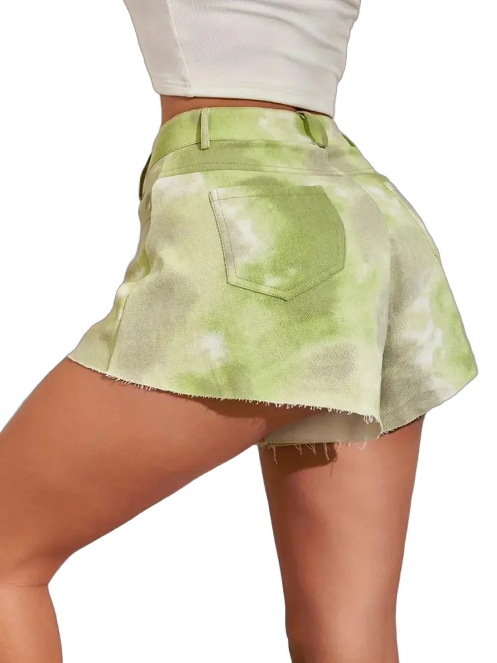 Lime tie-dye high-rise shorts with back pocket and raw frayed hem, worn with white cropped top on black background