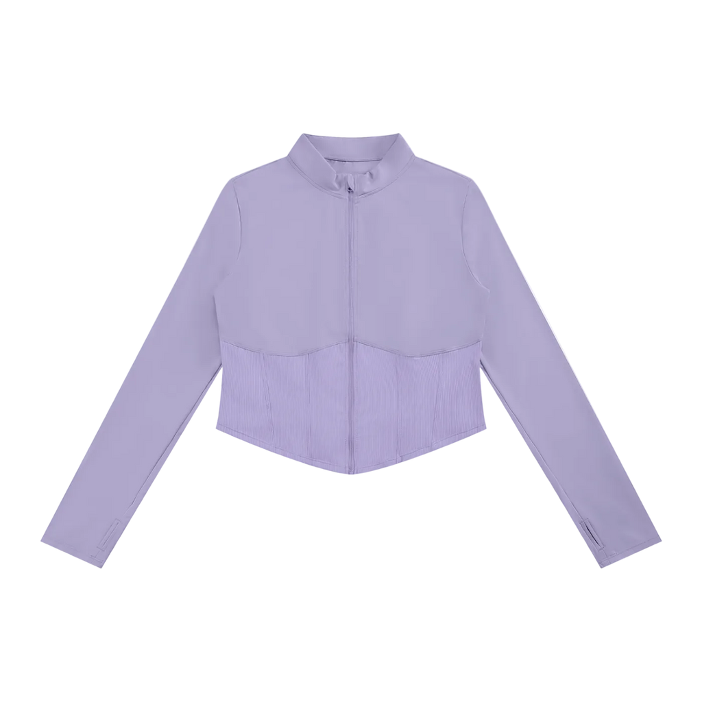 Slim long-sleeve jacket with stand collar, center front zipper, seam detailing and ribbed lower waist panel