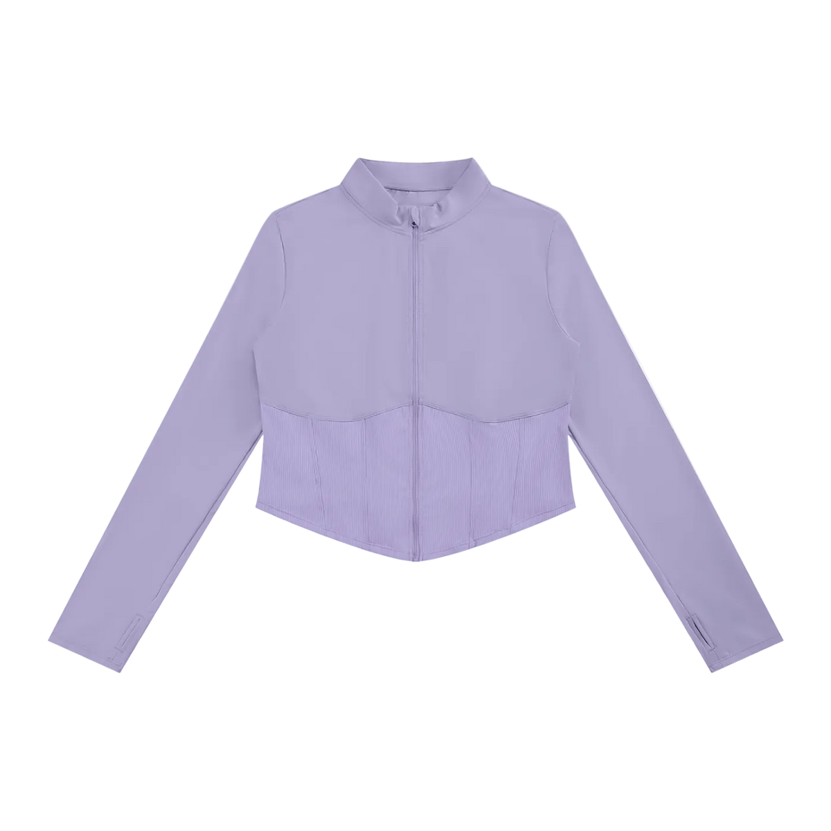 Slim long-sleeve jacket with stand collar, center front zipper, seam detailing and ribbed lower waist panel