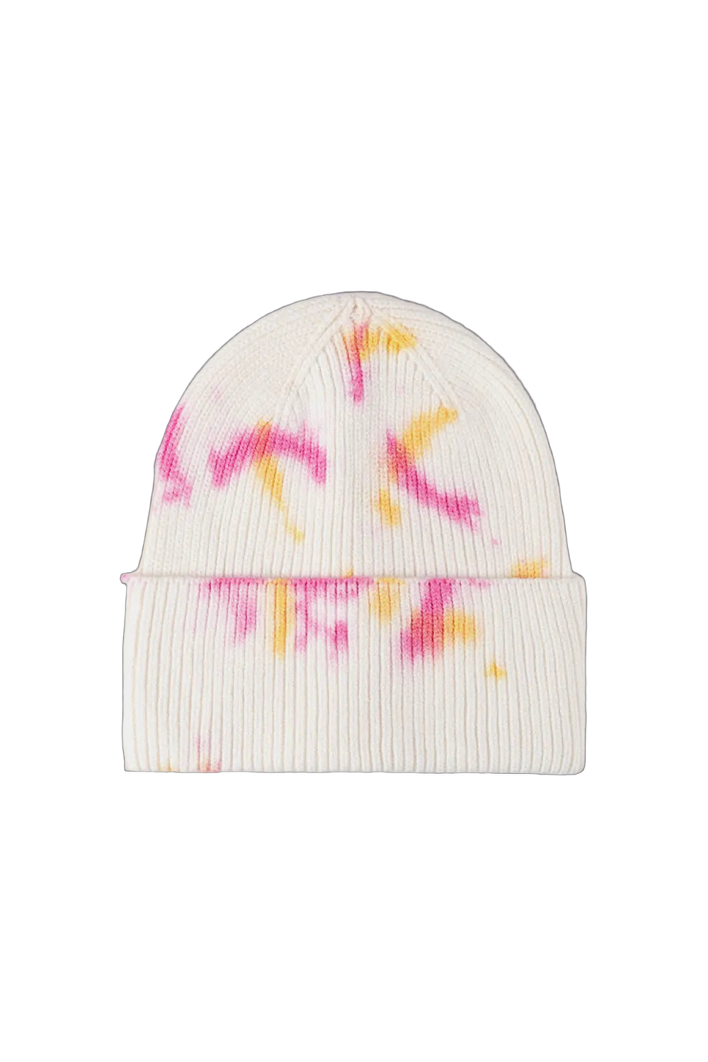 Cream rib-knit cuffed beanie with pink and yellow tie-dye accents on black background
