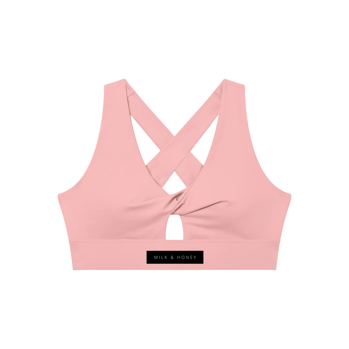 Pink twist-front sports bra with V-neck, crossed back straps, small front keyhole and 'MILK & HONEY' label on the band