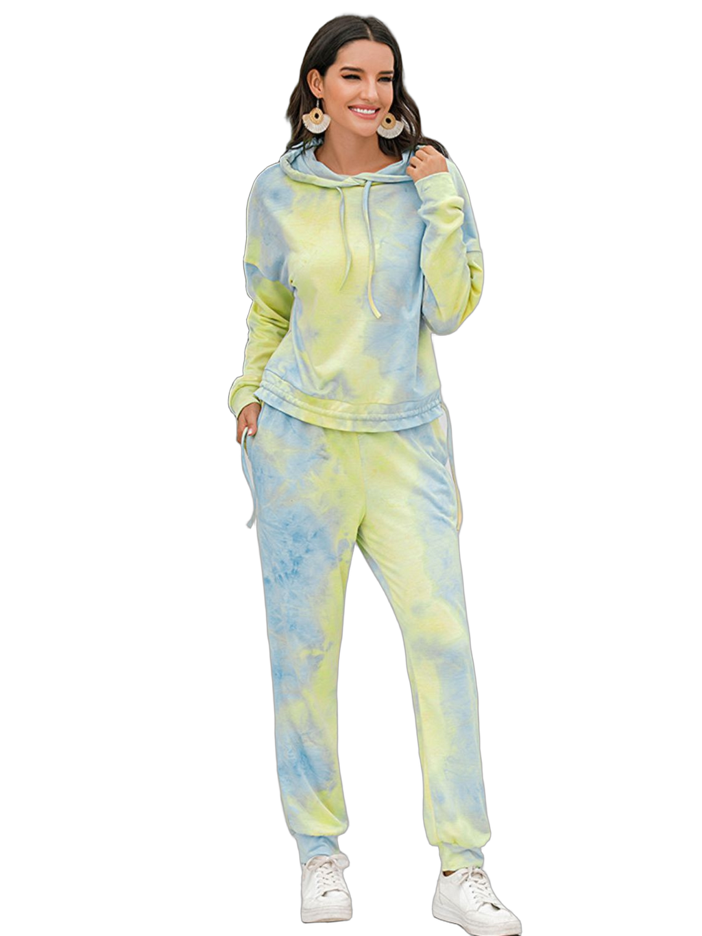 Model wearing a pastel tie-dye hooded sweatshirt and matching jogger pants with white sneakers