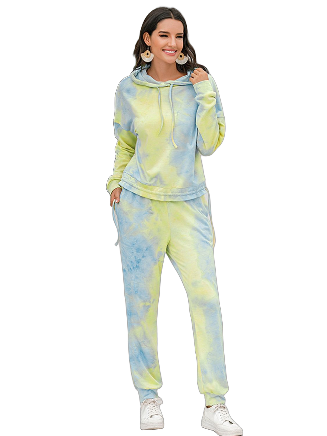 Model wearing a pastel tie-dye hooded sweatshirt and matching jogger pants with white sneakers