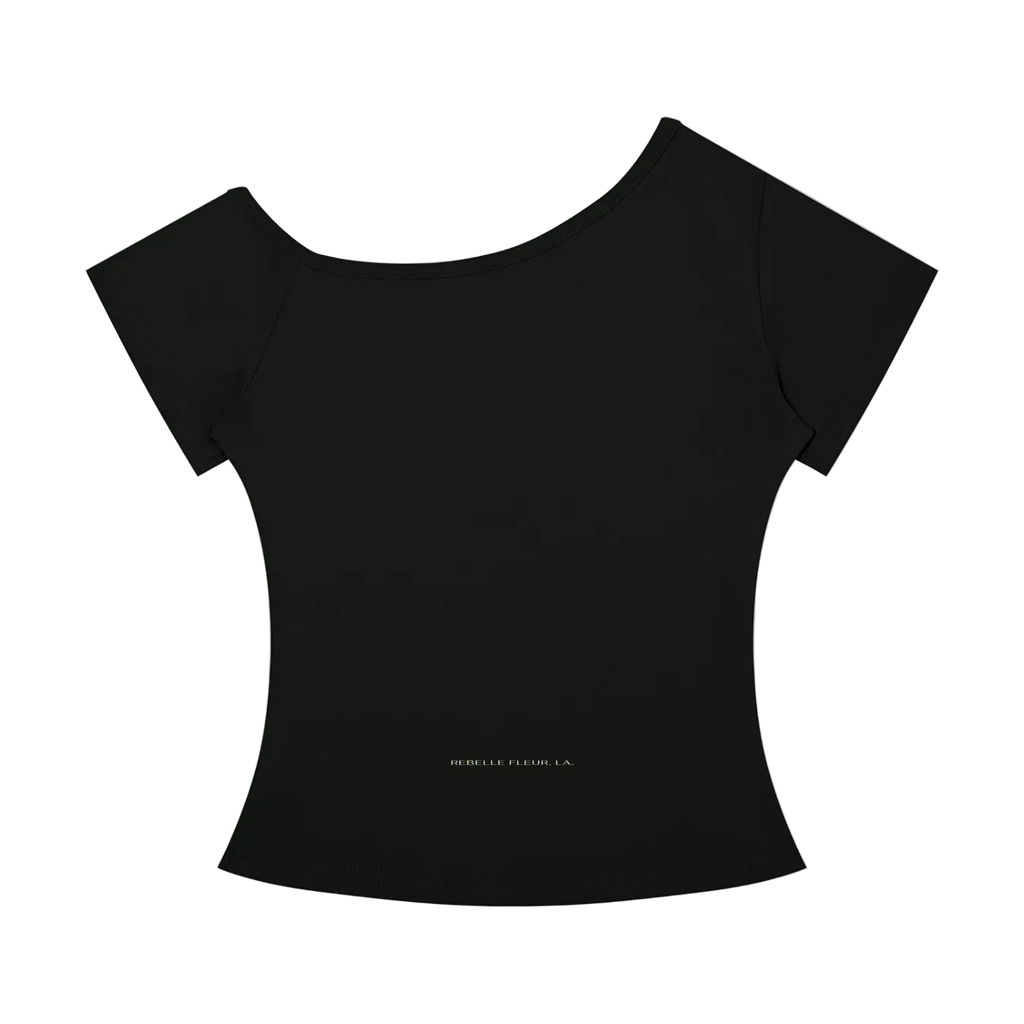 Off-the-shoulder short-sleeve women's T-shirt with asymmetrical neckline and small REBELLE FLEUR. LA. print near hem