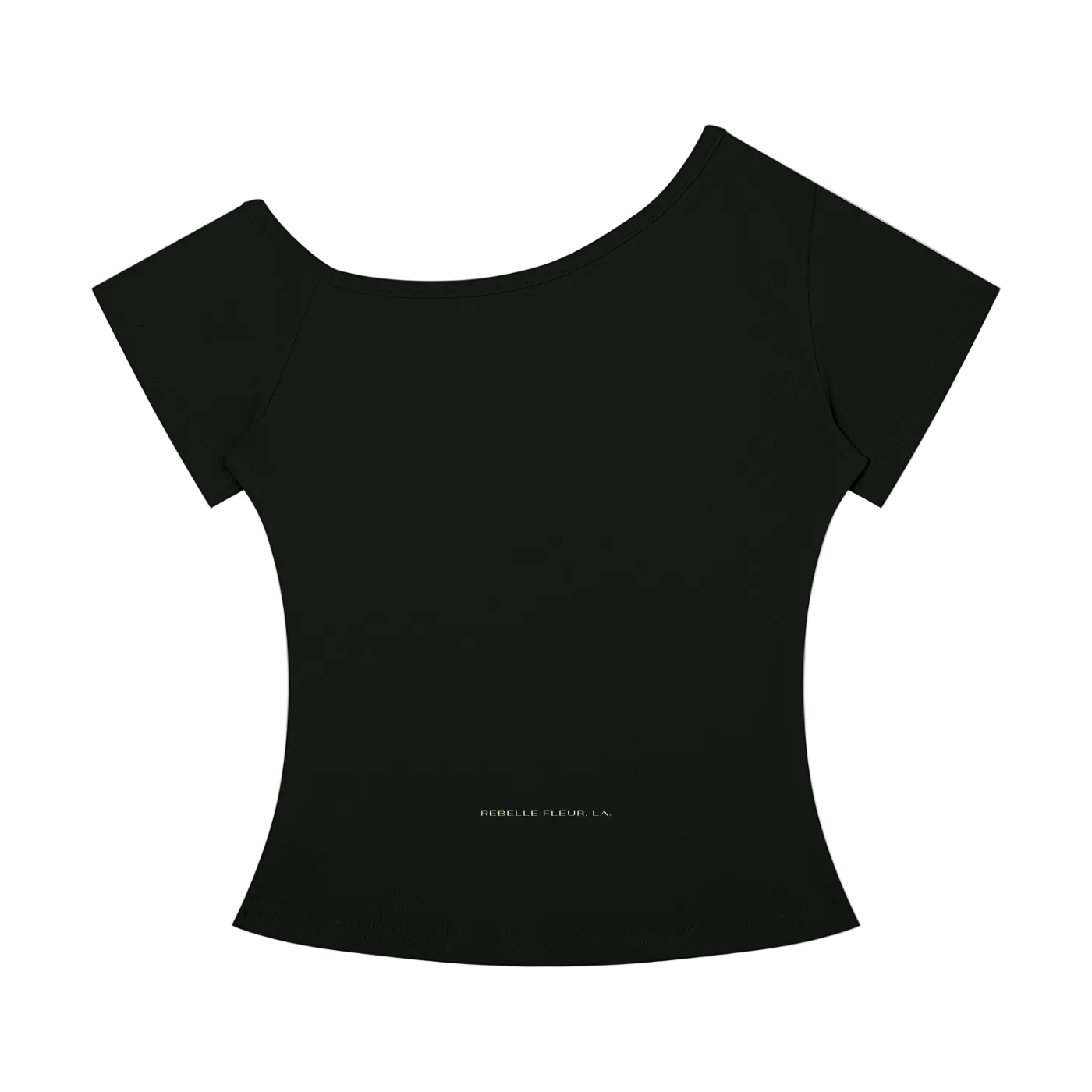 Off-the-shoulder short-sleeve women's T-shirt with asymmetrical neckline and small REBELLE FLEUR. LA. print near hem