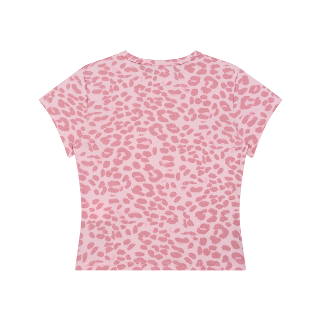 Back of cropped short-sleeve pink tee with darker pink leopard spots and round neckline
