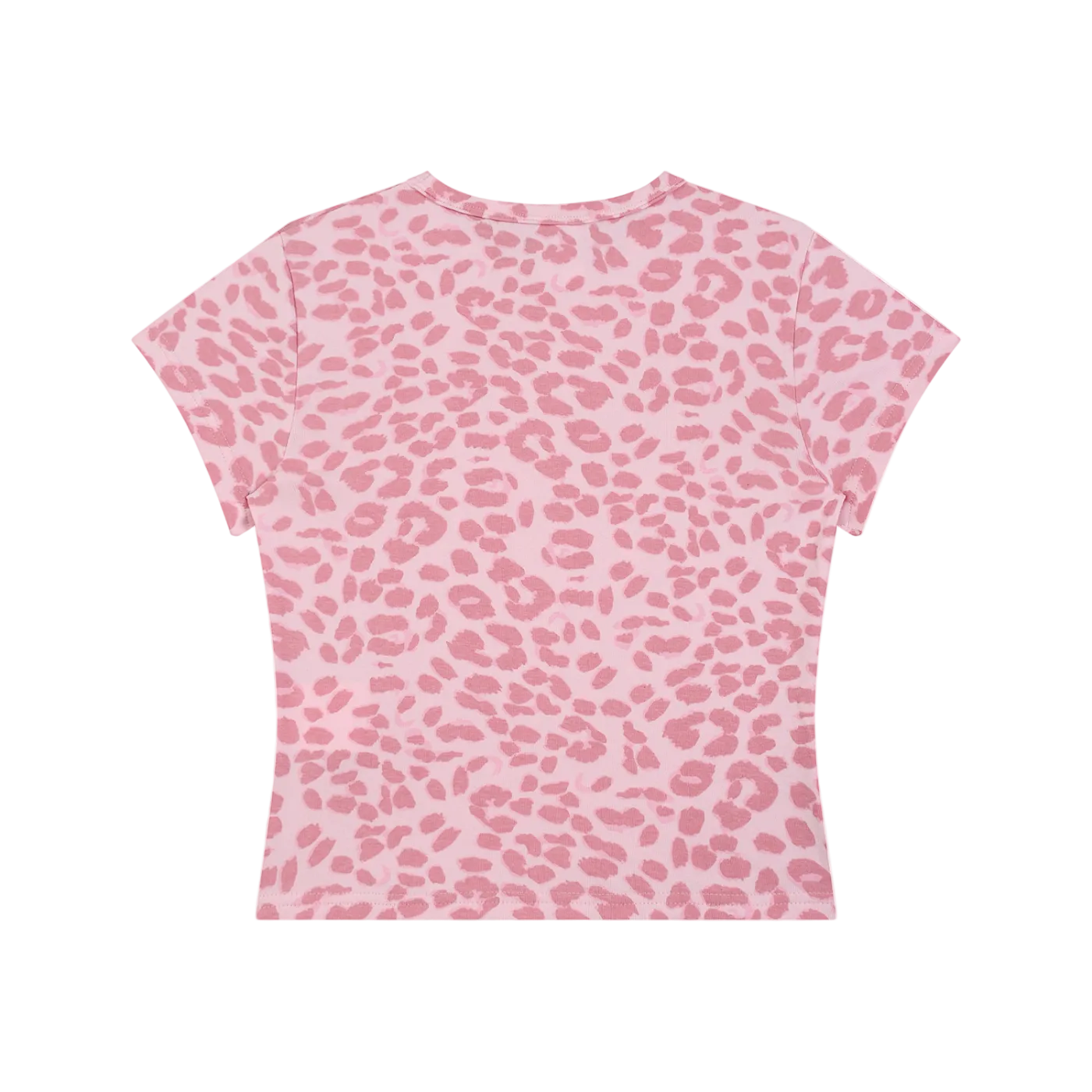 Back of cropped short-sleeve pink tee with darker pink leopard spots and round neckline