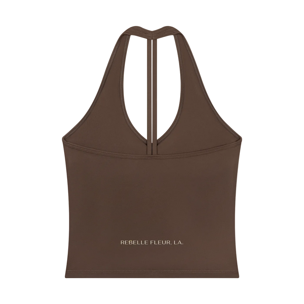 Brown halter tank back with narrow center T-strap and printed 'REBELLE FLEUR, LA.' logo above hem