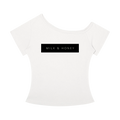 White off-the-shoulder T-shirt with black rectangular 'MILK & HONEY' chest print