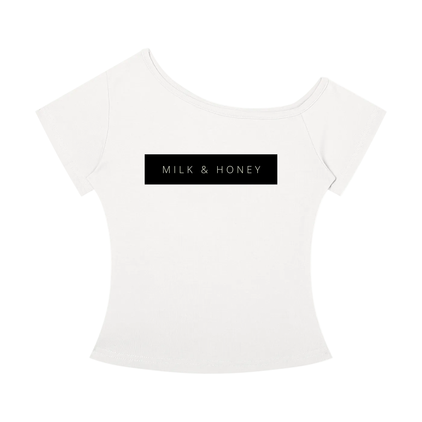 White off-the-shoulder T-shirt with black rectangular 'MILK & HONEY' chest print