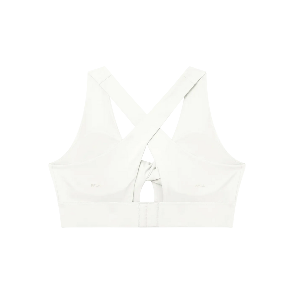 White sports bra back with crossed X straps, center keyhole cutout and wide elastic underband