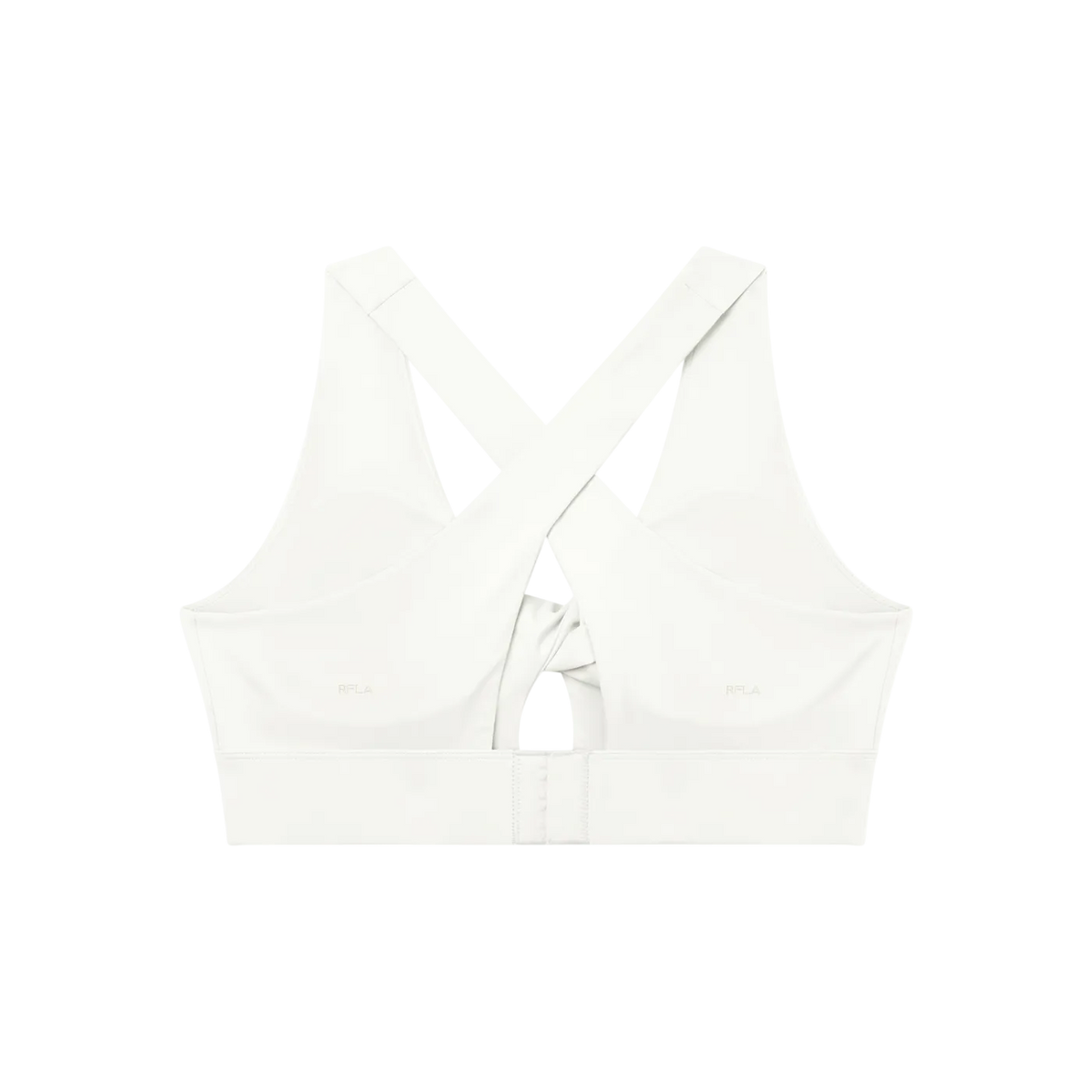 White sports bra back with crossed X straps, center keyhole cutout and wide elastic underband
