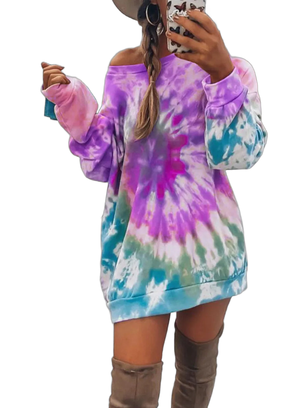 Off-shoulder oversized tie-dye dress with purple, pink, teal and white swirl, long sleeves and thigh-high boots visible