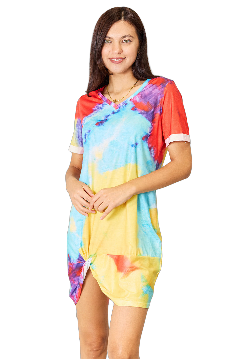 Model wearing multicolor tie-dye V-neck short-sleeve dress with front twisted knot